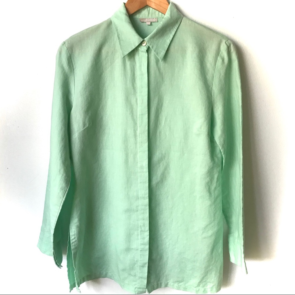 Mint Green Linen Blend Button Down Large